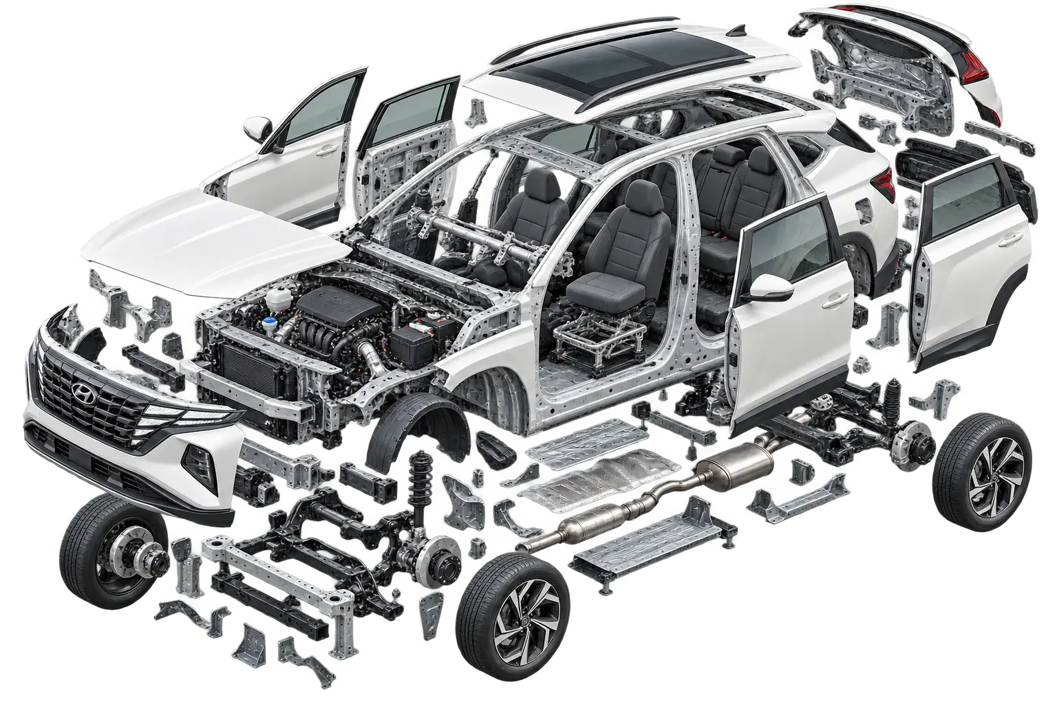 Exploded view of an SUV with its body panels and parts